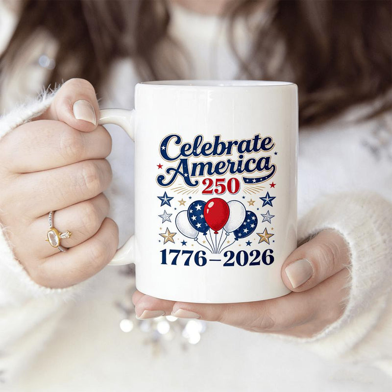 Tailorly White Ceramic 11 oz Mug - Celebrate America 250 1776 2026 Festive Patriotic Balloons Decorated With Stars And Stripes Among Golden Twinkling Balloons