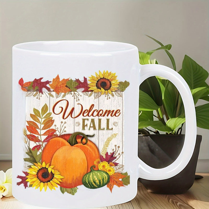 Tailorly White Ceramic 11 oz Mug - Welcome Fall Rustic Wooden Board Featuring Sunflowers With Autumn Leaves Pumpkin