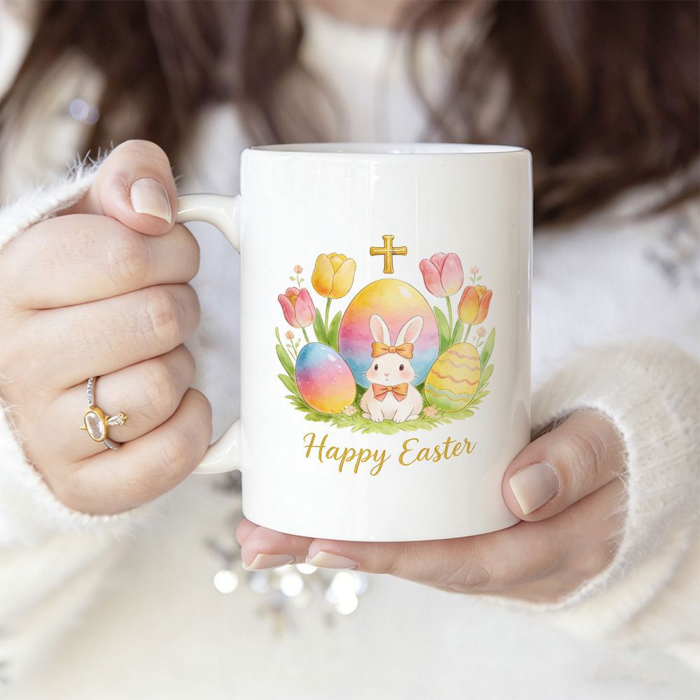 Tailorly White Ceramic 11 oz Mug - Happy Easter Watercolor Bunny Sitting With Colorful Easter Eggs And Blooming Tulips Mug