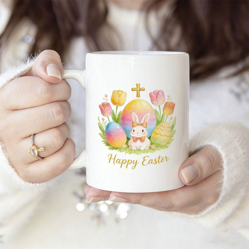 Tailorly White Ceramic 11 oz Mug - Happy Easter Watercolor Bunny Sitting With Colorful Easter Eggs And Blooming Tulips Mug