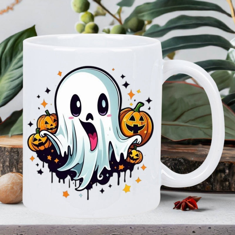 Tailorly White Ceramic 11 oz Mug - Playful Halloween Spirits Among Carved Festive Pumpkins Under Twinkling Little Stars Ghost