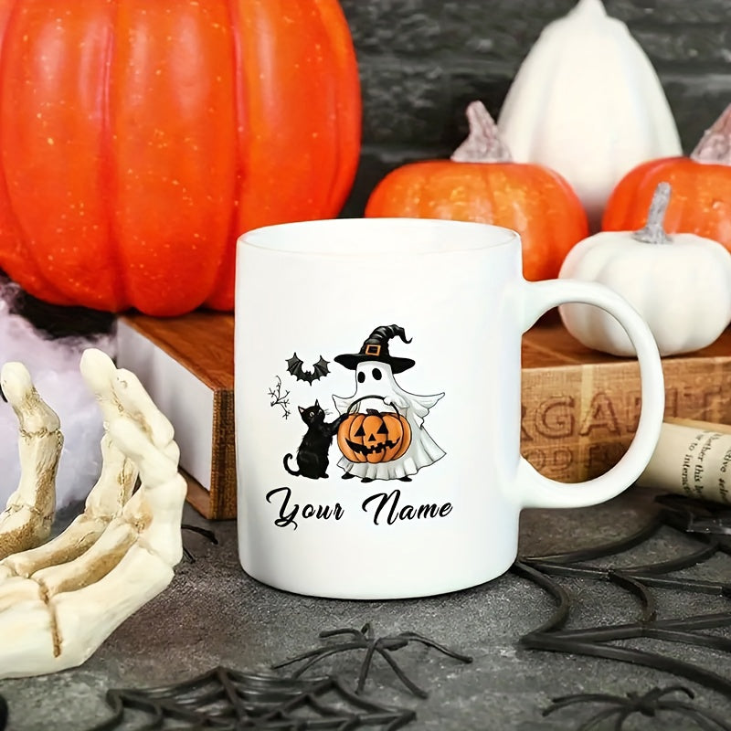 Tailorly White Ceramic 11 oz Mug - Your Name Spooky Halloween Spirit Wearing Witch Hat Holding Pumpkin Beside Black Cat Ghost