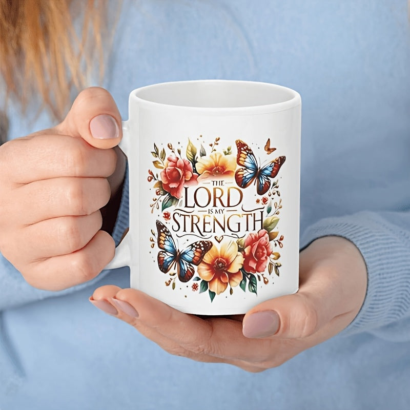 Tailorly White Ceramic 11 oz Mug - The Lord Is My Strength Elegant Vintage Floral Arrangement With Colorful Butterflies Among Blooming Roses Butterfly