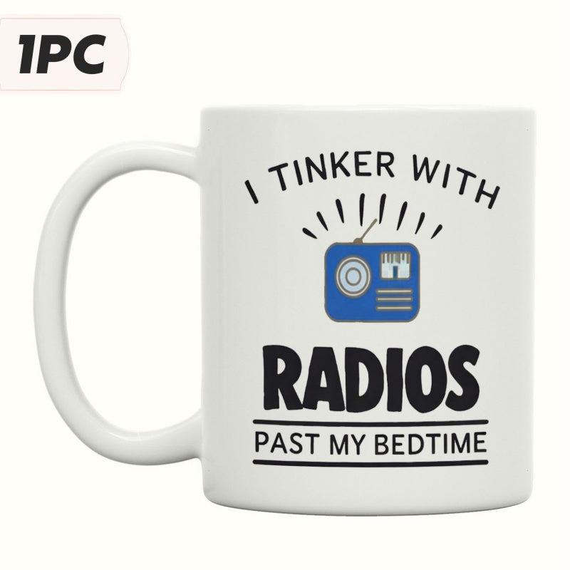 Tailorly White Ceramic 11 oz Mug - I Tinker With Radios Past My Bedtime Minimalist Blue Electronic Device With Signals Emitting From A Vintage Retro Radio