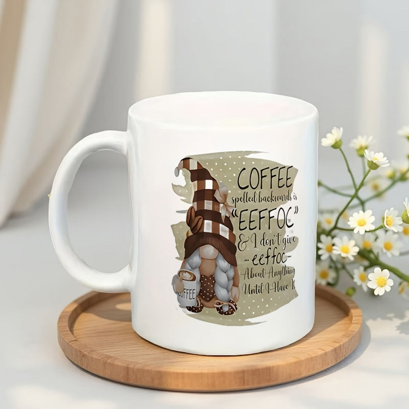 Tailorly White Ceramic 11 oz Mug - Coffee Eeffoc Charming Garden With Plaid Pattern Hat Holding Small Coffee Cup Gnome
