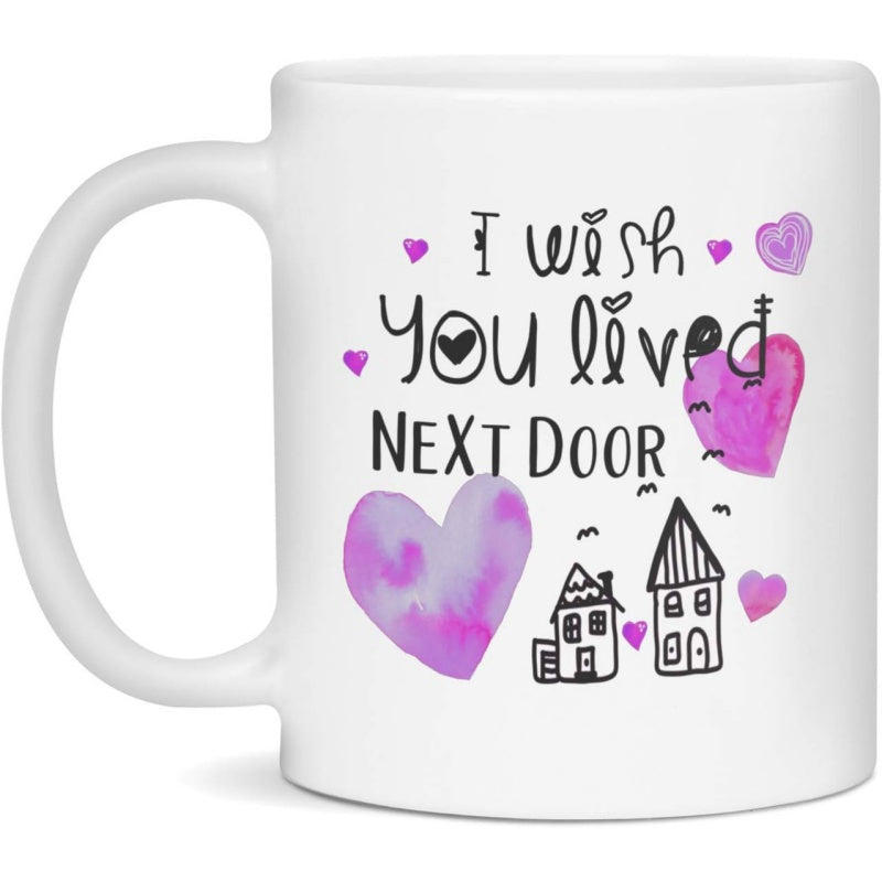 Tailorly White Ceramic 11 oz Mug - I Wish You Lived Next Door Whimsical Watercolor Purple Hearts And Tiny Hand Drawn House