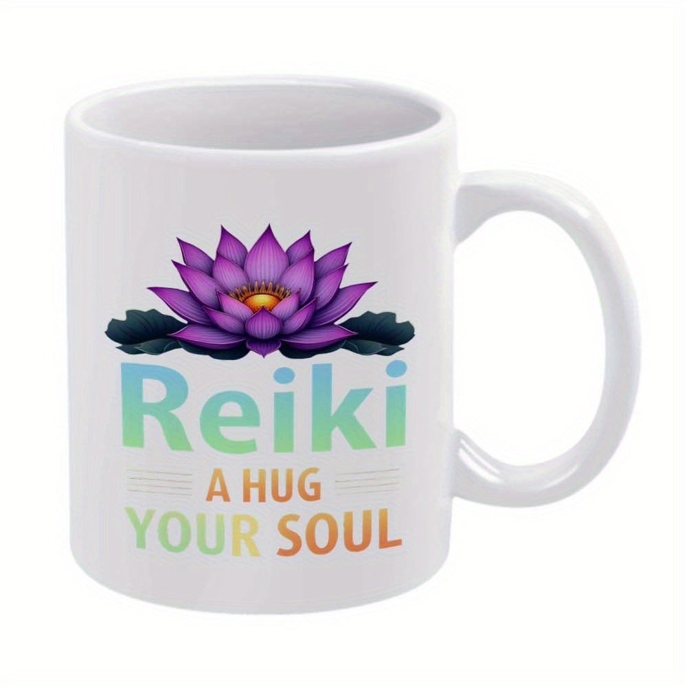 Tailorly White Ceramic 11 oz Mug - Reiki A Hug Your Soul Vibrant Purple Petals Blooming Over Dark Green Leaves Lotus