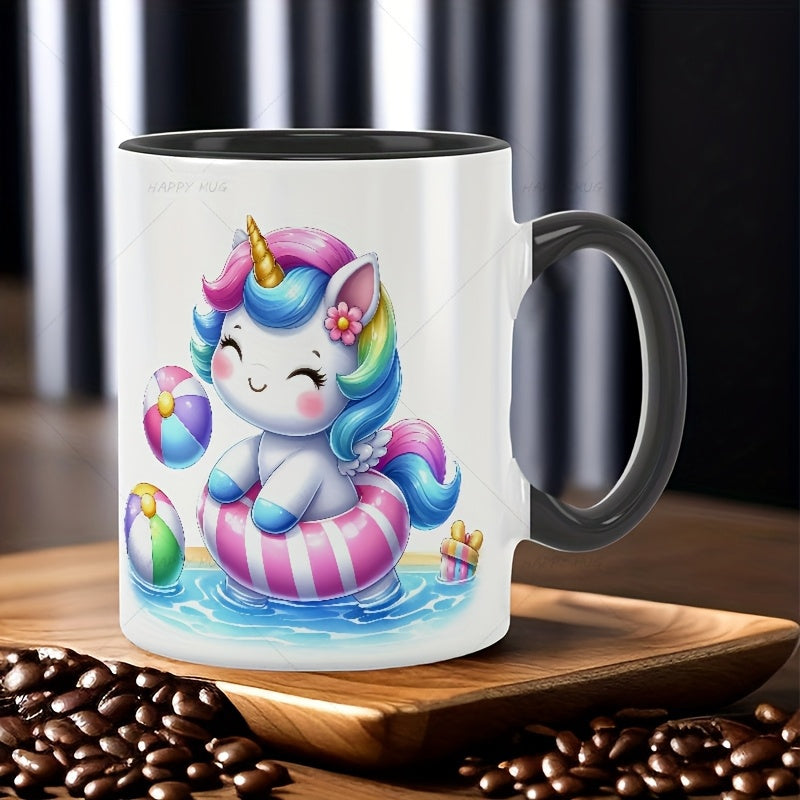 Tailorly Black Accent 11 oz Mug - unicorn with pink striped swim ring
