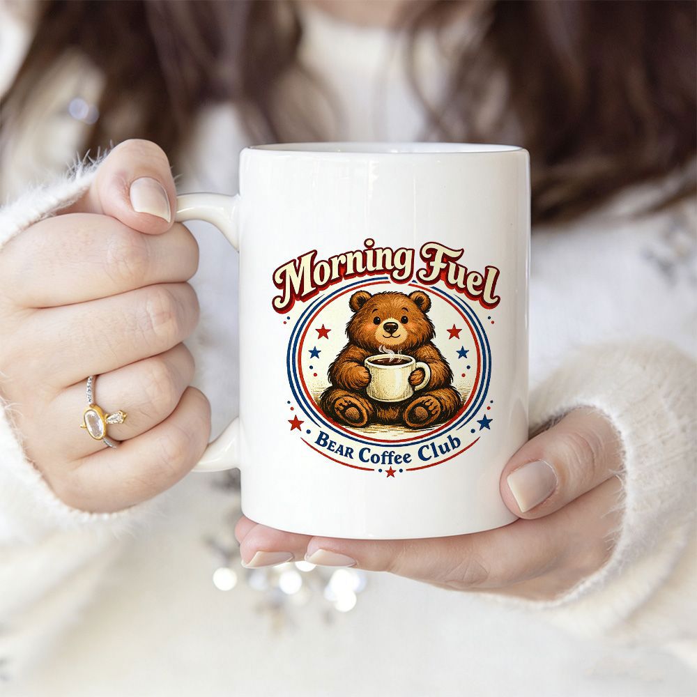 Tailorly White Ceramic 11 oz Mug - Morning Fuel Bear Coffee Club Cute Brown Bear Holding Steaming Coffee Cup In Circular Frame Bear