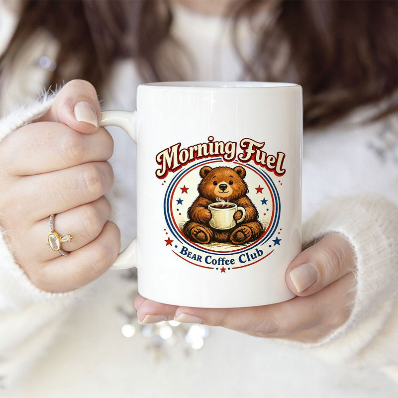 Tailorly White Ceramic 11 oz Mug - Morning Fuel Bear Coffee Club Cute Brown Bear Holding Steaming Coffee Cup In Circular Frame Bear