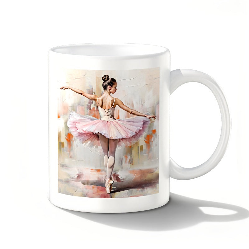 Tailorly White Ceramic 11 oz Mug - Elegant Artistic Oil Painting Of A Graceful Pink Tutu Dancing Ballerina