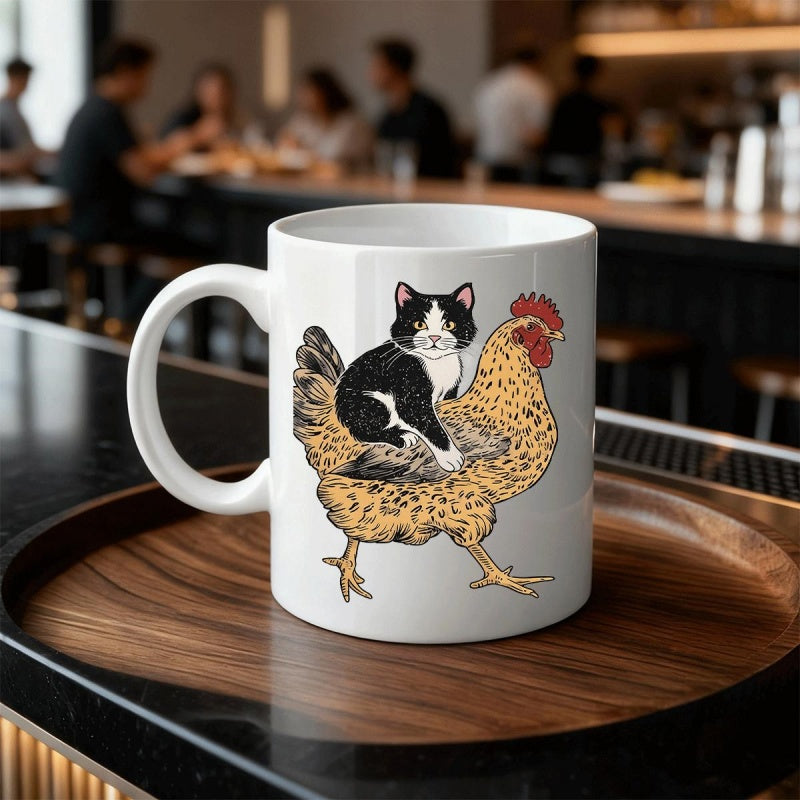 Tailorly White Ceramic 11 oz Mug - Whimsical Tuxedo Cat Riding Across A Golden Brown Speckled Hen