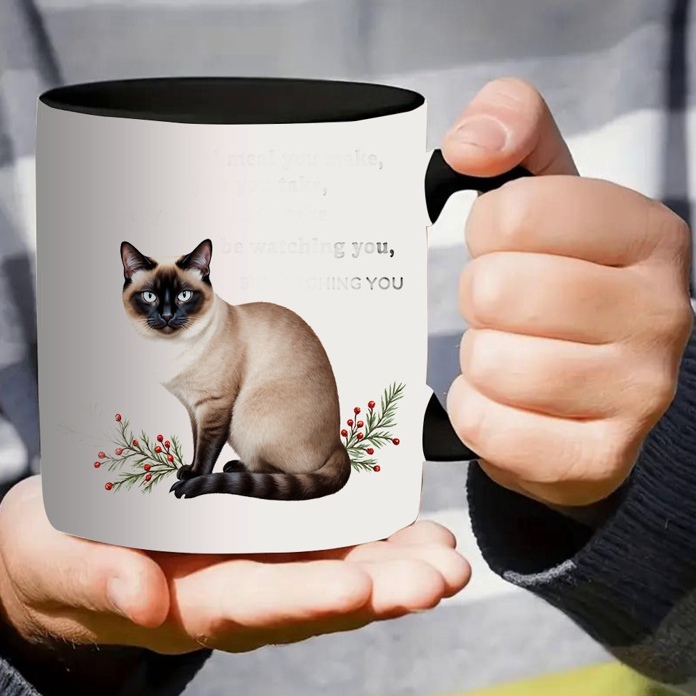 Tailorly Black Accent 11 oz Mug - siamese cat with holiday berries