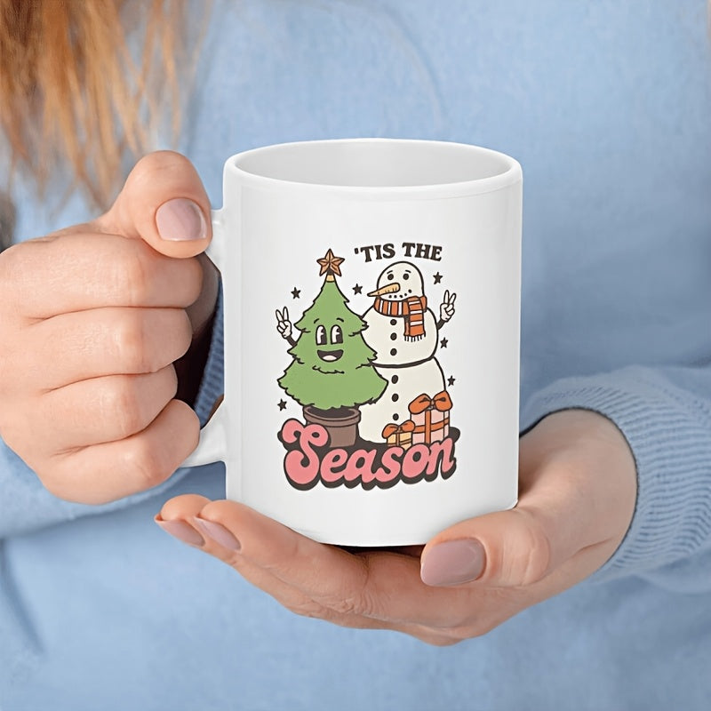 Tailorly White Ceramic 11 oz Mug - Tis The Season Vintage Style Christmas Tree And Snowman Celebrating Under The Stars Snowman
