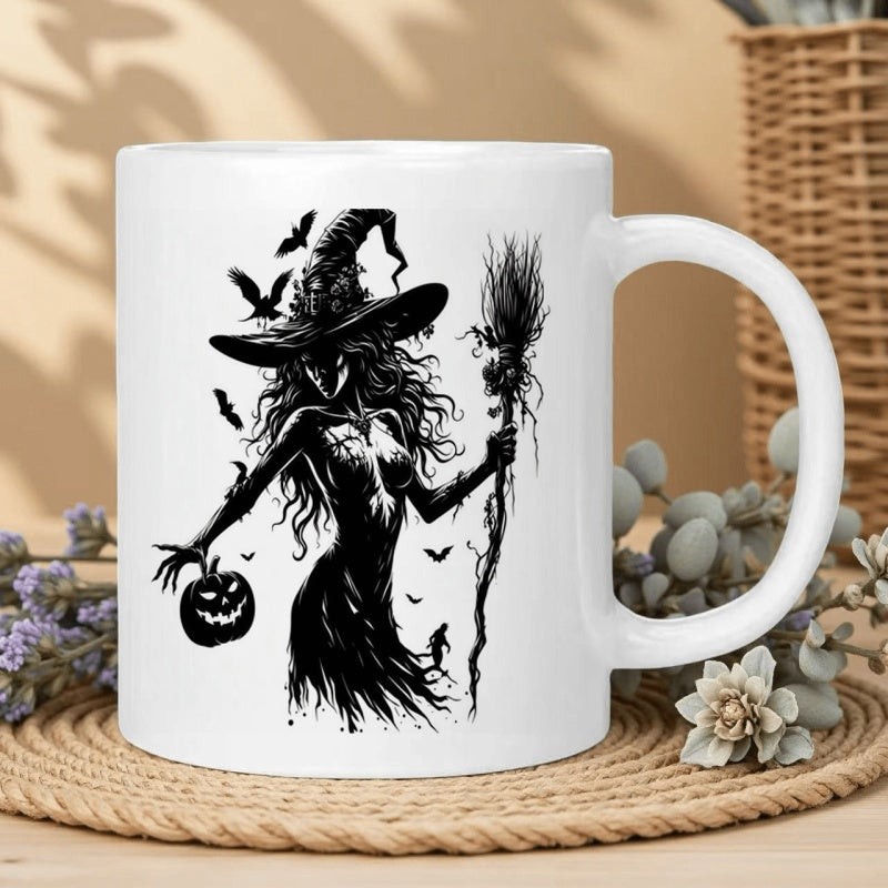 Tailorly White Ceramic 11 oz Mug - Hand Drawn Style Silhouette With Flying Bats Holding Broom And Pumpkin Witch