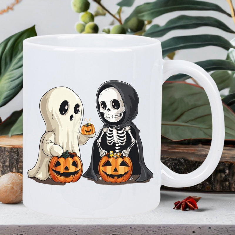 Tailorly White Ceramic 11 oz Mug - Adorable Spooky Ghost And Skeleton Reaper Holding Carved Orange Jack O Lantern Halloween Illustration