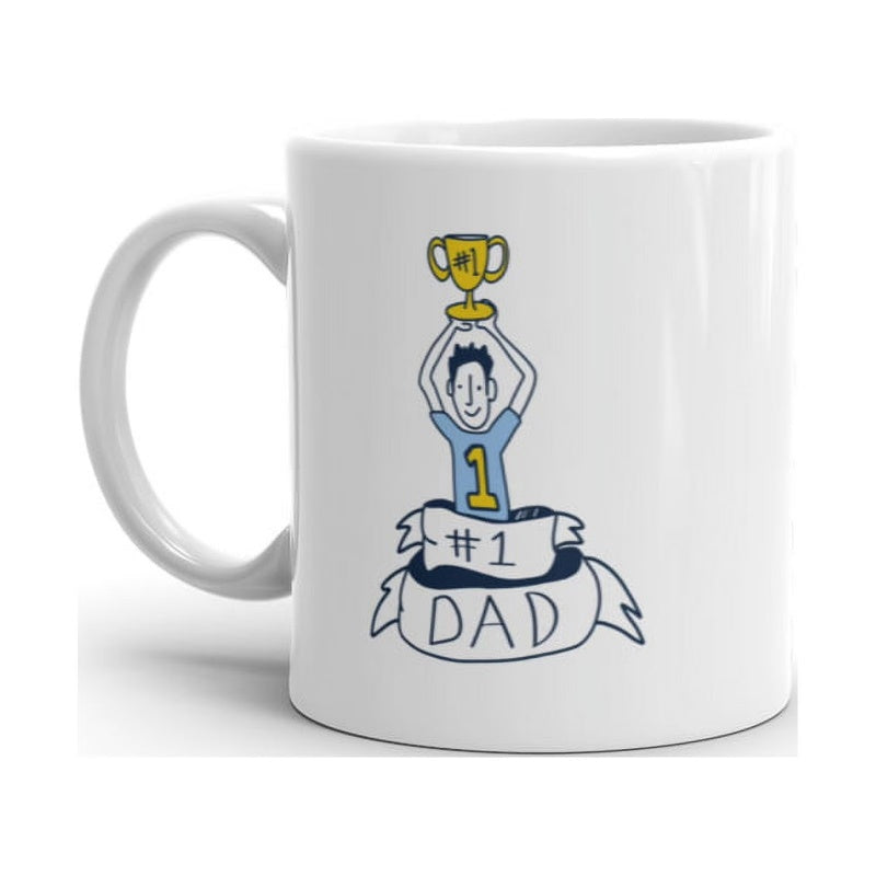 Tailorly White Ceramic 11 oz Mug - Dad Cartoon Figure Holding Golden Trophy Above Head For Father Celebration Man
