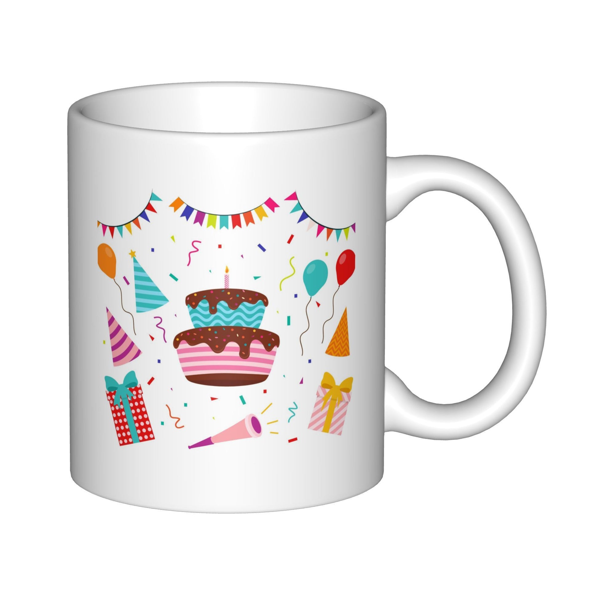 Tailorly White Ceramic 11 oz Mug - Colorful Festive Elements With Balloons Banners And Gifts Around A Delicious Celebration Cake
