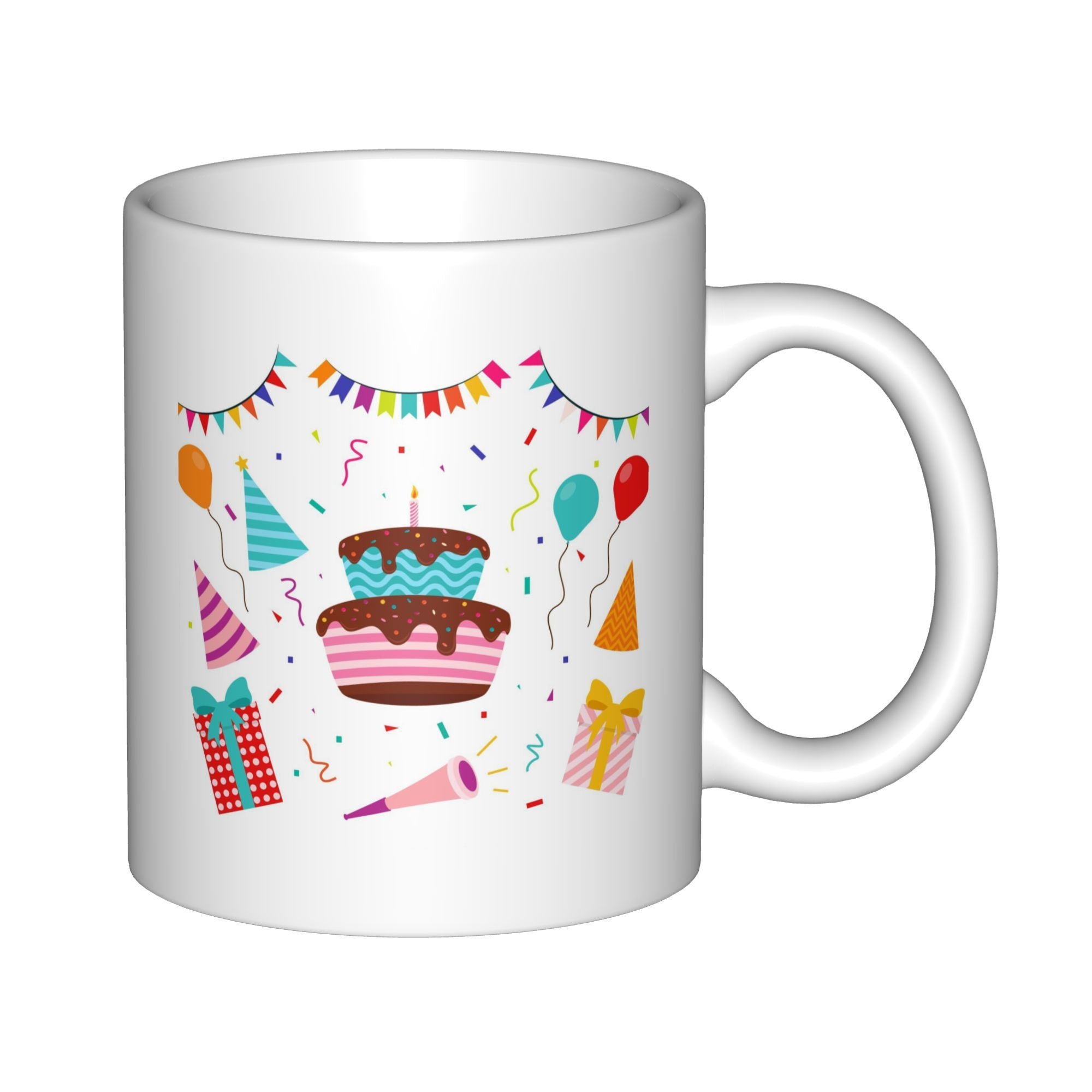 Tailorly White Ceramic 11 oz Mug - Colorful Festive Elements With Balloons Banners And Gifts Around A Delicious Celebration Cake