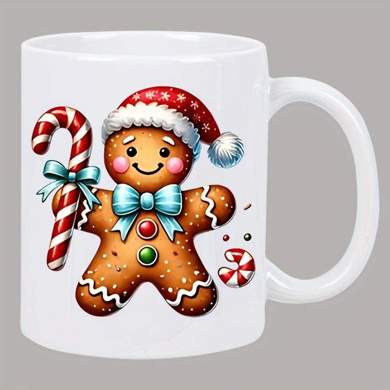 Tailorly White Ceramic 11 oz Mug - Cheerful Festive Christmas Cookie Wearing Red Santa Hat Holding Candy Cane Gingerbread Man
