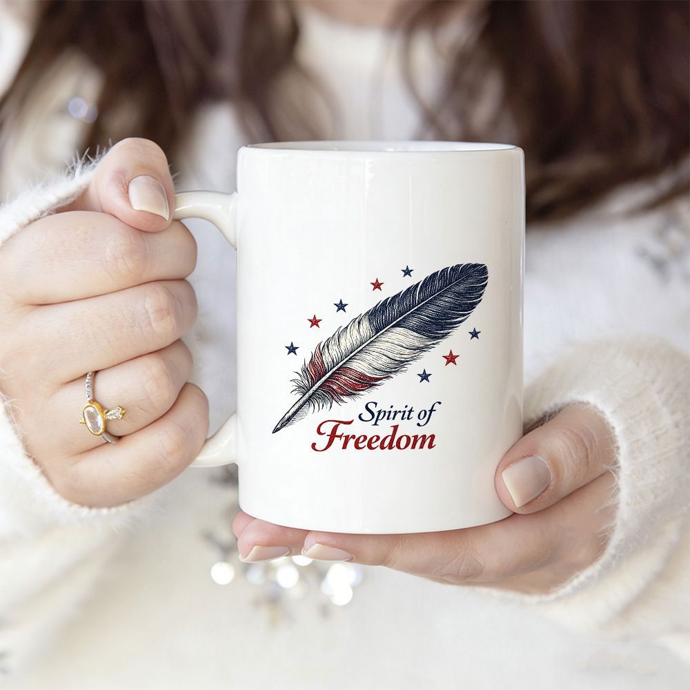 Tailorly White Ceramic 11 oz Mug - Spirit Of Freedom Patriotic American Flag Colors Decorated With Stars Floating In Air Feather