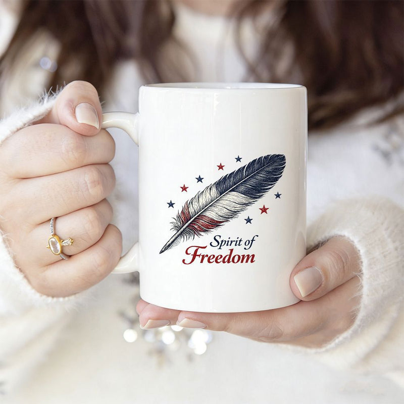 Tailorly White Ceramic 11 oz Mug - Spirit Of Freedom Patriotic American Flag Colors Decorated With Stars Floating In Air Feather