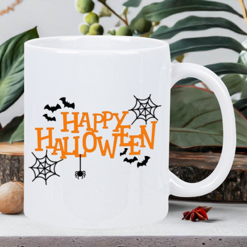 Tailorly White Ceramic 11 oz Mug - Happy Halloween Spooky Flying Bats And Intricate Spider Webs Decoration Mug