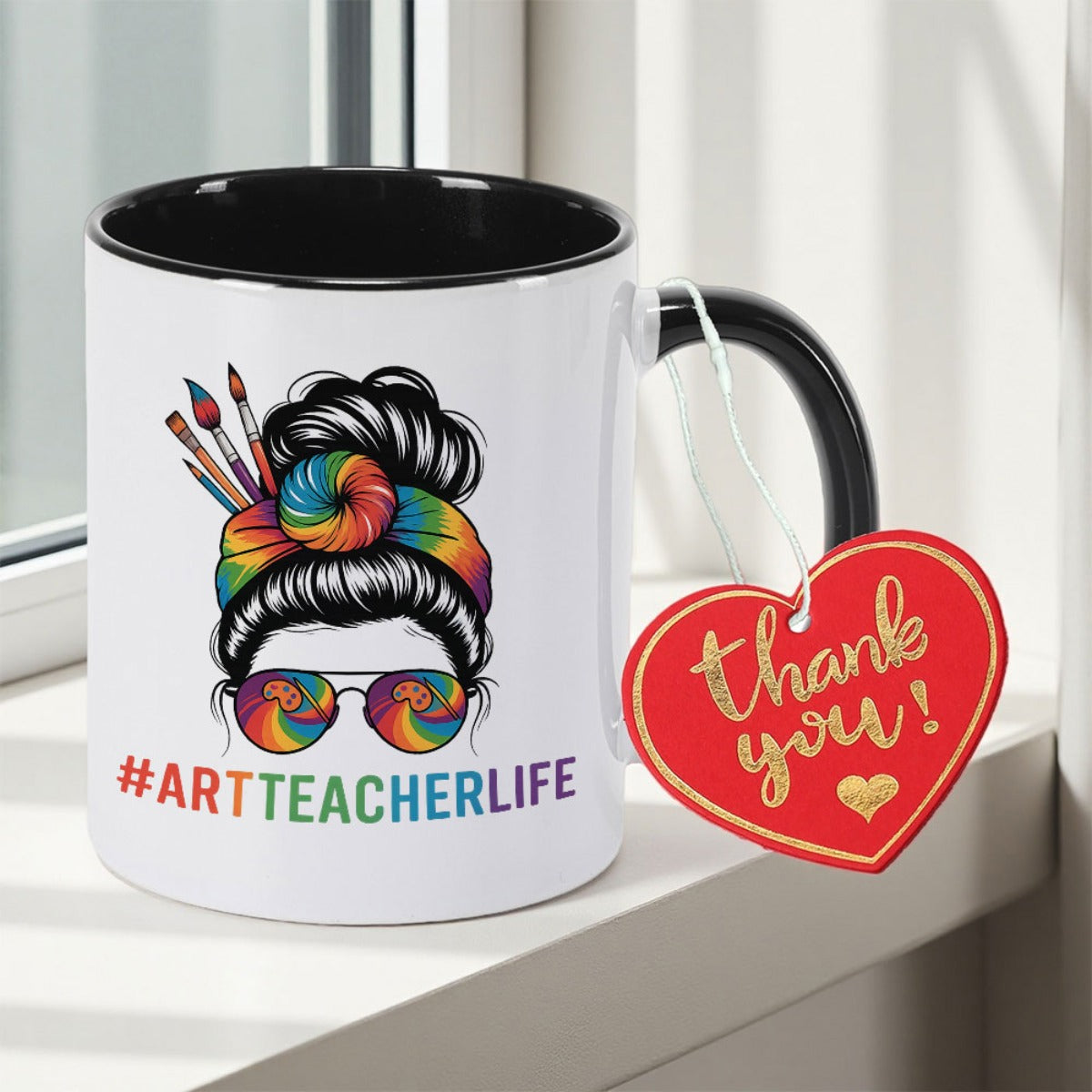 Tailorly Black Accent 11 oz Mug - Art Teacher Life Artist with Paintbrush Bun Palette Glasses & ART TEACHER Double Sided Print