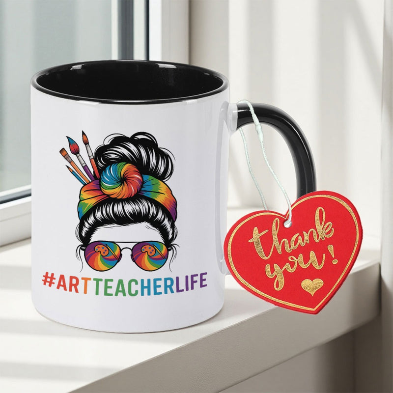 Tailorly Black Accent 11 oz Mug - Art Teacher Life Artist with Paintbrush Bun Palette Glasses & ART TEACHER Double Sided Print