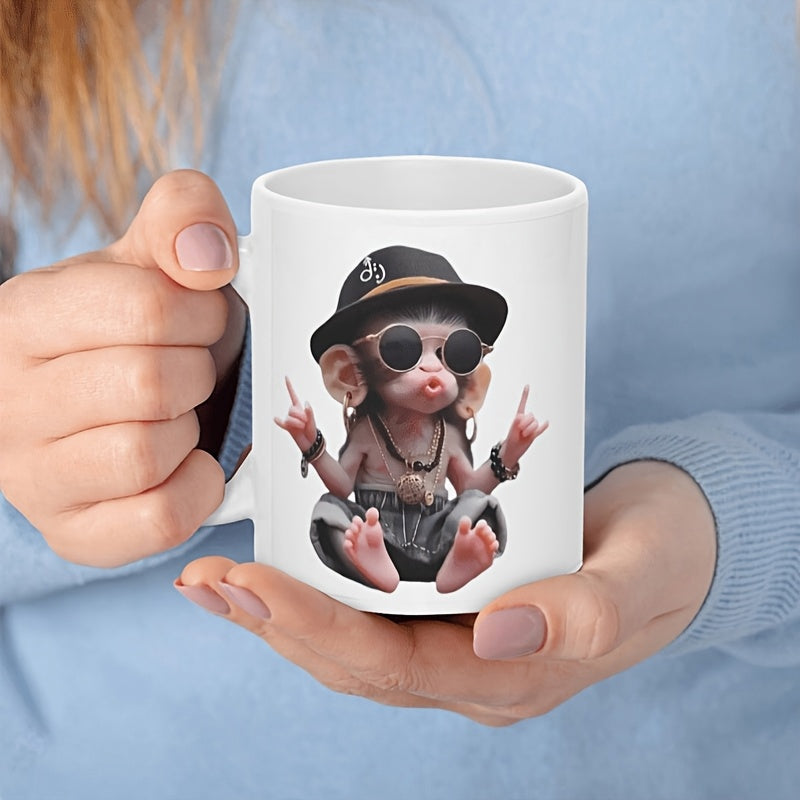 Tailorly White Ceramic 11 oz Mug - Stylish Small Chimpanzee Wearing Black Hat And Sunglasses Making Rock Signs Monkey