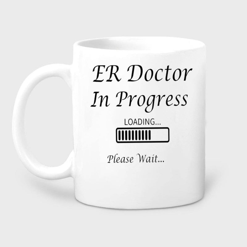 Tailorly White Ceramic 11 oz Mug - Er Doctor In Progress Loading Please Wait Minimalist Medical Professional Themed Illustration With Horizontal Status Progress