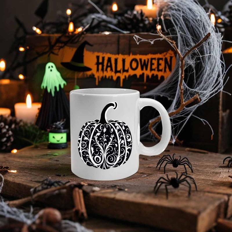 Tailorly White Ceramic 11 oz Mug - Intricate Swirling Floral Pattern On A Minimalist Black And White Pumpkin