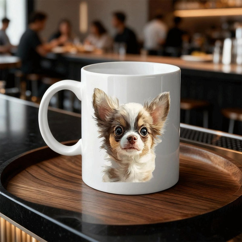 Tailorly White Ceramic 11 oz Mug - Adorable Fluffy Brown And White Long Haired Dog Portrait Small Chihuahua