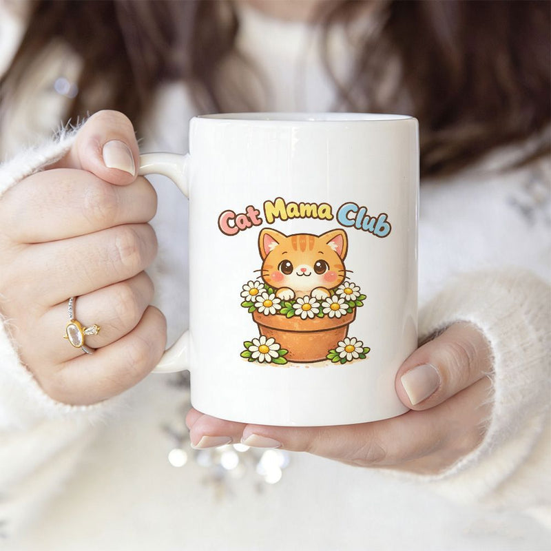 Tailorly White Ceramic 11 oz Mug - Cat Mama Club Cute Ginger Kitten Sitting Inside Flower Pot With White Daisies Cat