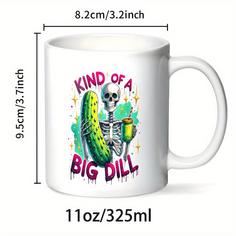 Tailorly White Ceramic 11 oz Mug - Kind Of A Big Dill Cartoon Human Skeleton Holding A Large Green Pickle Under Glowing Magical Sparkles Skeleton