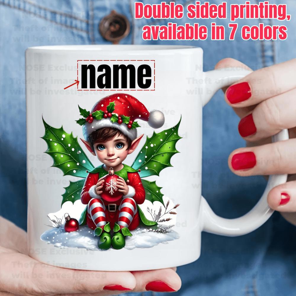 Tailorly White Ceramic 11 oz Mug - Name Adorable Festive Fairy Sitting On Snow With Holly Leaf Wings Elf