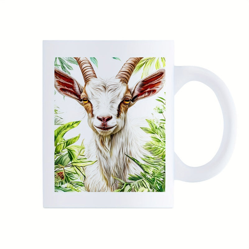 Tailorly White Ceramic 11 oz Mug - Beautiful Watercolor Illustration Of A Farm Animal Among Tropical Foliage Goat