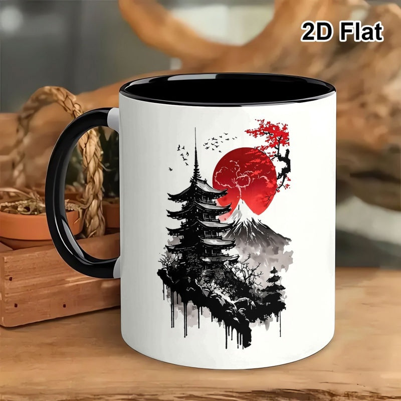 Tailorly Black Accent 11 oz Mug - japanese design of a pagoda and a red
