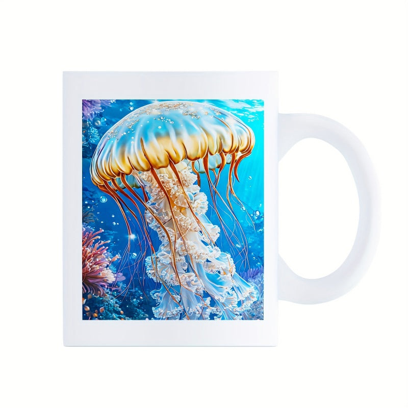 Tailorly White Ceramic 11 oz Mug - Luminous Underwater Scene With Golden Tentacles Floating Through Deep Blue Ocean Jellyfish