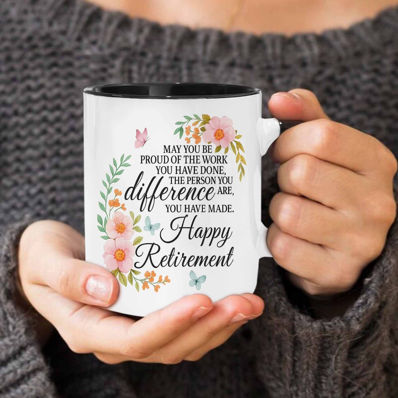 Tailorly Black Accent 11 oz Mug - 11oz ceramic coffee mug with watercolor floral of the work retirement quote ideal for home office gifts for