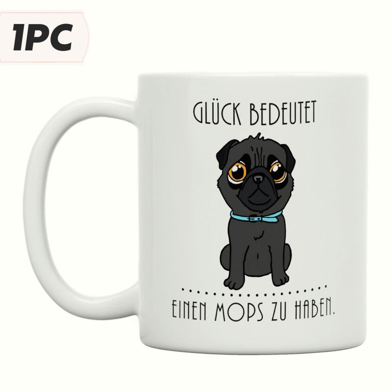 Tailorly White Ceramic 11 oz Mug - Adorable Cartoon Black Puppy Sitting Peacefully With Large Expressive Eyes Pug