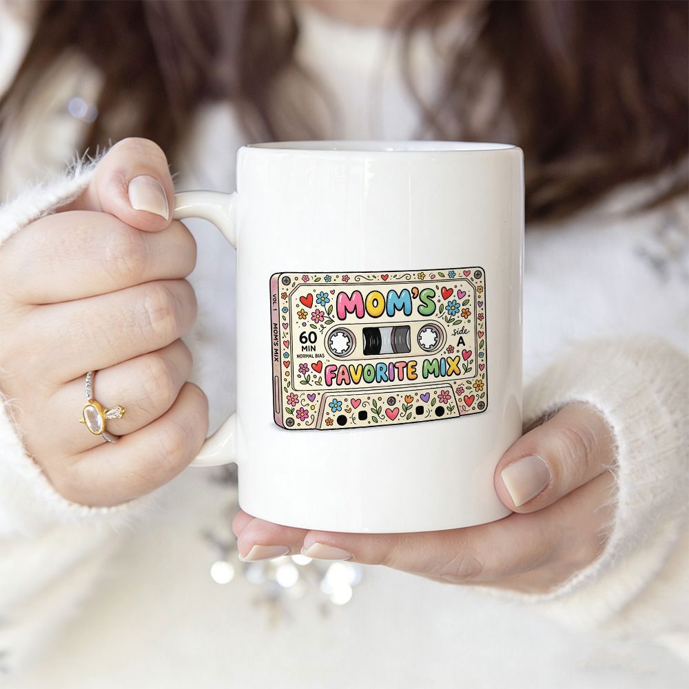 Tailorly White Ceramic 11 oz Mug - Moms Favorite Mix Vintage Music Tape Detailed With Small Vibrant Flowers And Glowing Hearts Cassette