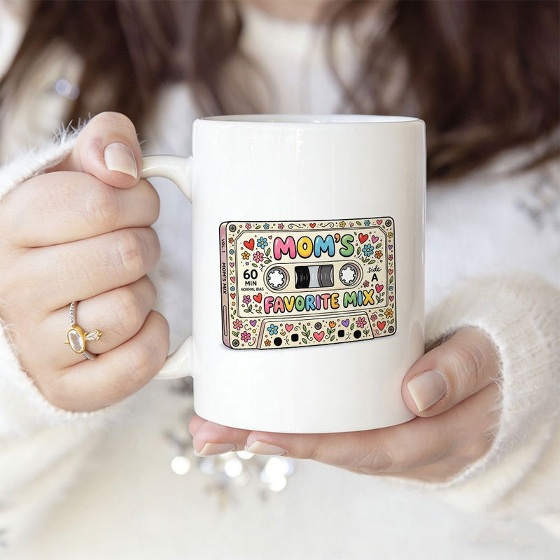 Tailorly White Ceramic 11 oz Mug - Moms Favorite Mix Vintage Music Tape Detailed With Small Vibrant Flowers And Glowing Hearts Cassette