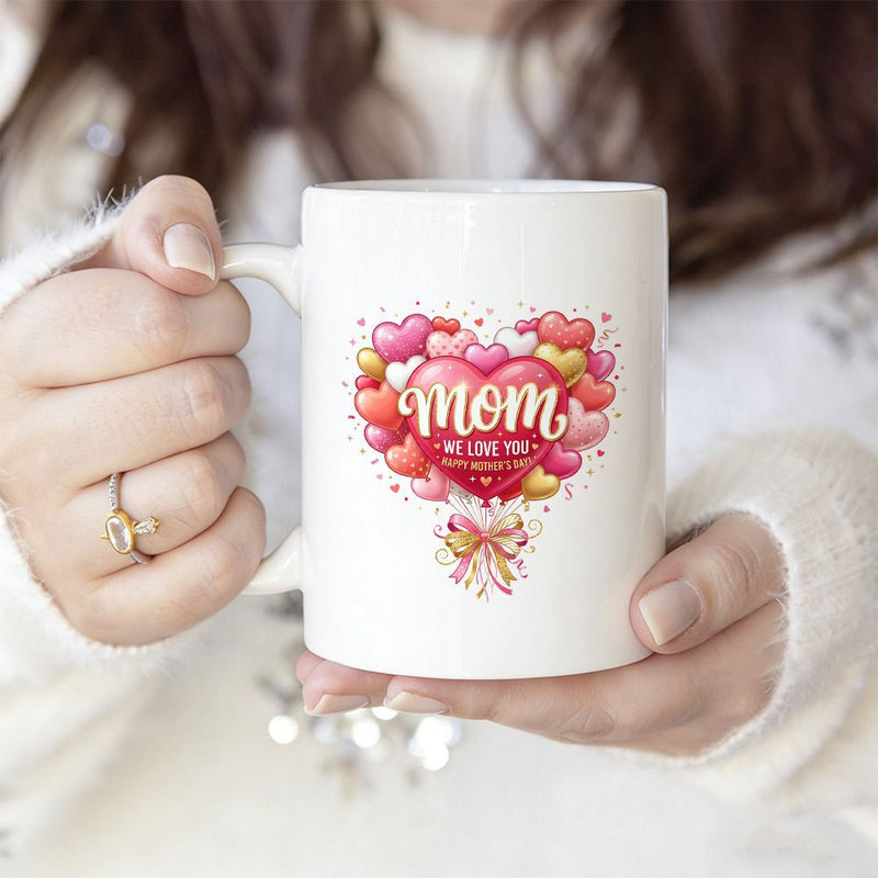 Tailorly White Ceramic 11 oz Mug - Mom We Love You Colorful Floating Hearts Tied With A Decorative Golden Ribbon Heart