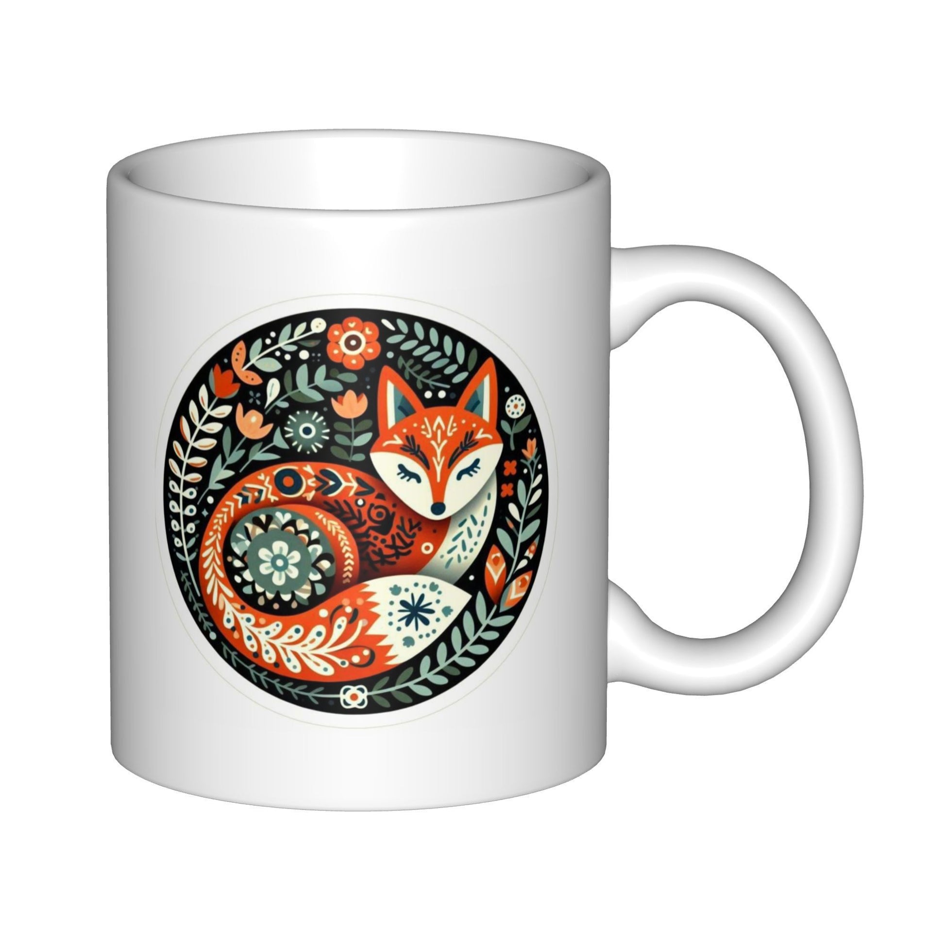 Tailorly White Ceramic 11 oz Mug - Folk Art Style Circular Ornament Featuring A Curled Sleeping Orange Fox