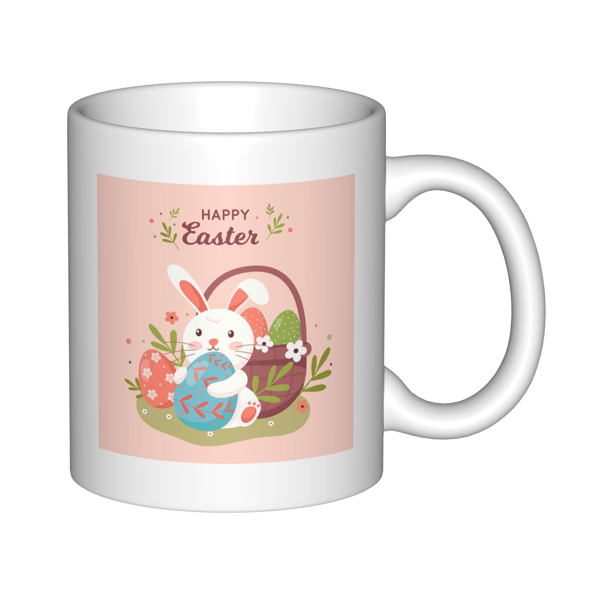 Tailorly White Ceramic 11 oz Mug - Happy Easter Adorable White Rabbit Holding Blue Egg Beside Basket With Colorful Eggs Rabbit
