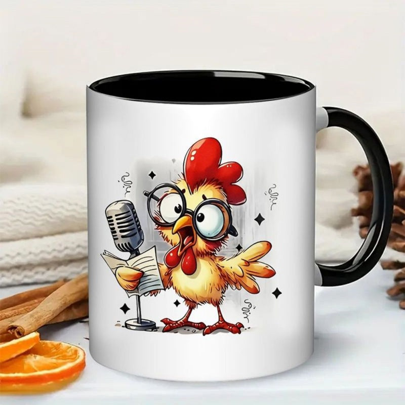 Tailorly Black Accent 11 oz Mug - cartoon chicken with a microphone