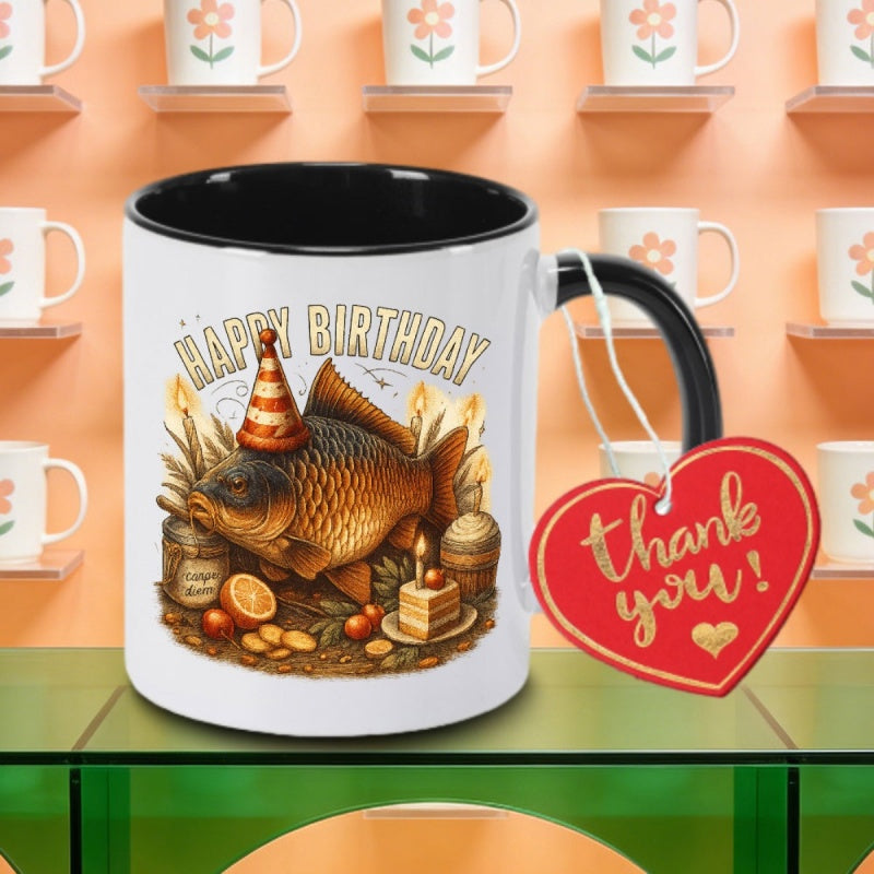 Tailorly Black Accent 11 oz Mug - whimsical carp themed birthday