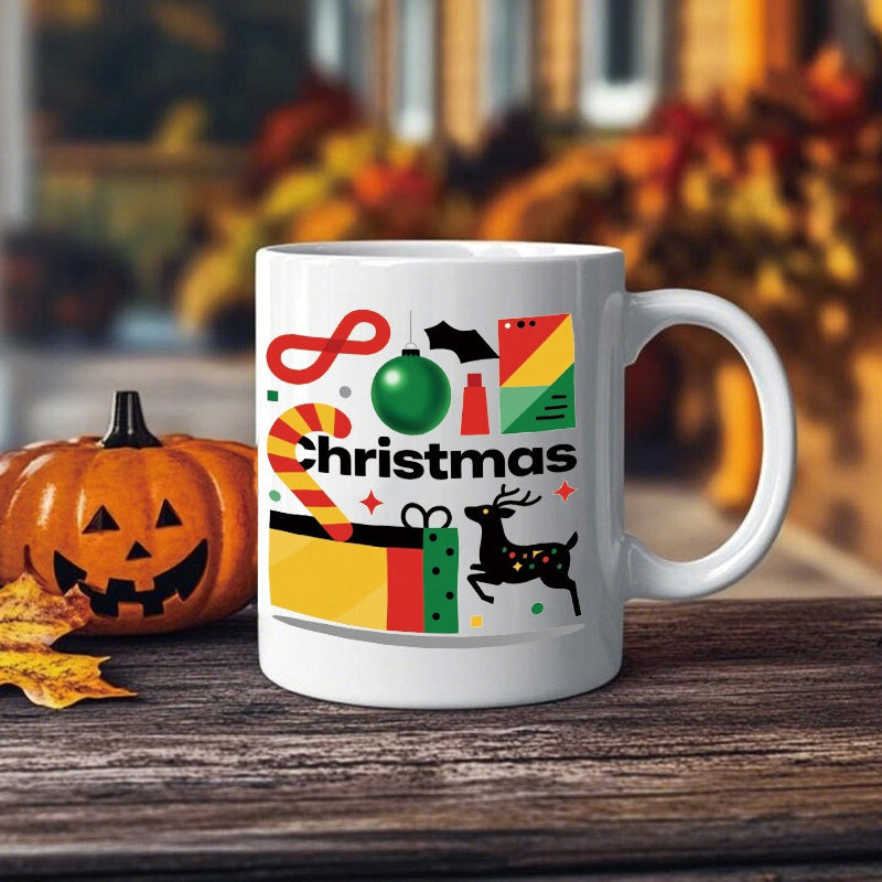 Tailorly White Ceramic 11 oz Mug - Christmas Festive Holiday Elements With Reindeer And Vibrant Candy Cane Mug