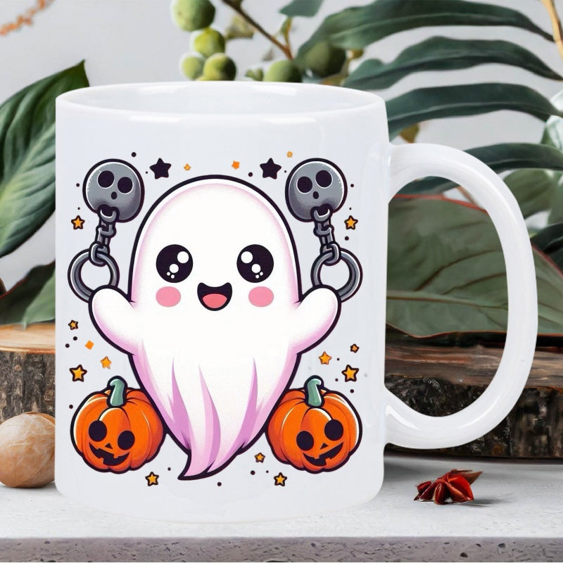 Tailorly White Ceramic 11 oz Mug - Cute Halloween Scene With Smiling Pumpkins And Small Stars Ghost